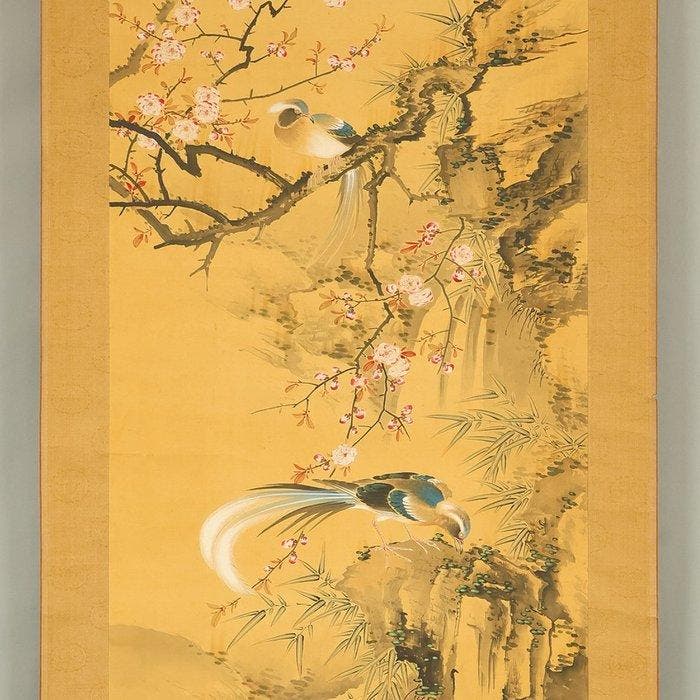 White Peach Blossoms Bamboo Long Tailed Birds with Box -, Antiek en Kunst, Antiek | Overige Antiek