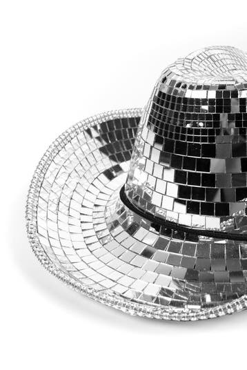 KIMU® Cowboyhoed Spiegeltjes Zilver Disco Hoed Spiegelbol Di, Hobby en Vrije tijd, Ophalen of Verzenden, Nieuw, Feestartikel, Carnaval