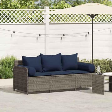 vidaXL Tuinbank 3-zits met kussens poly rattan grijs, Verzenden, Nieuw