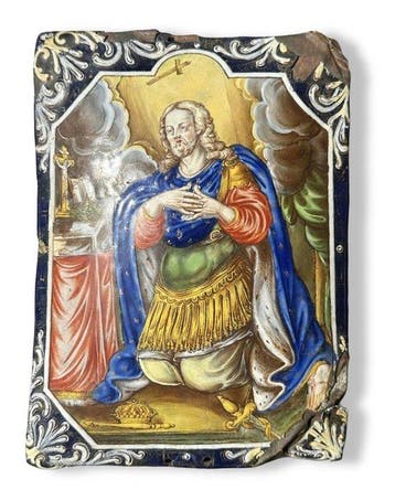 Emaille plaat - Heilige knielend in gebed - Koper, Antiek en Kunst
