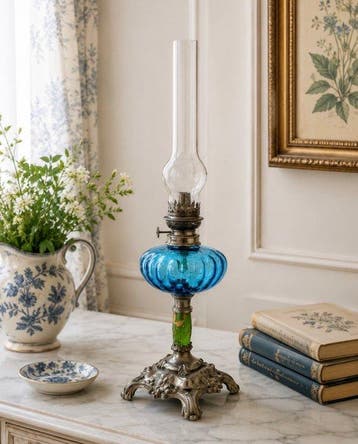 Petroleumlamp - Verzilverd, Glas, Steen