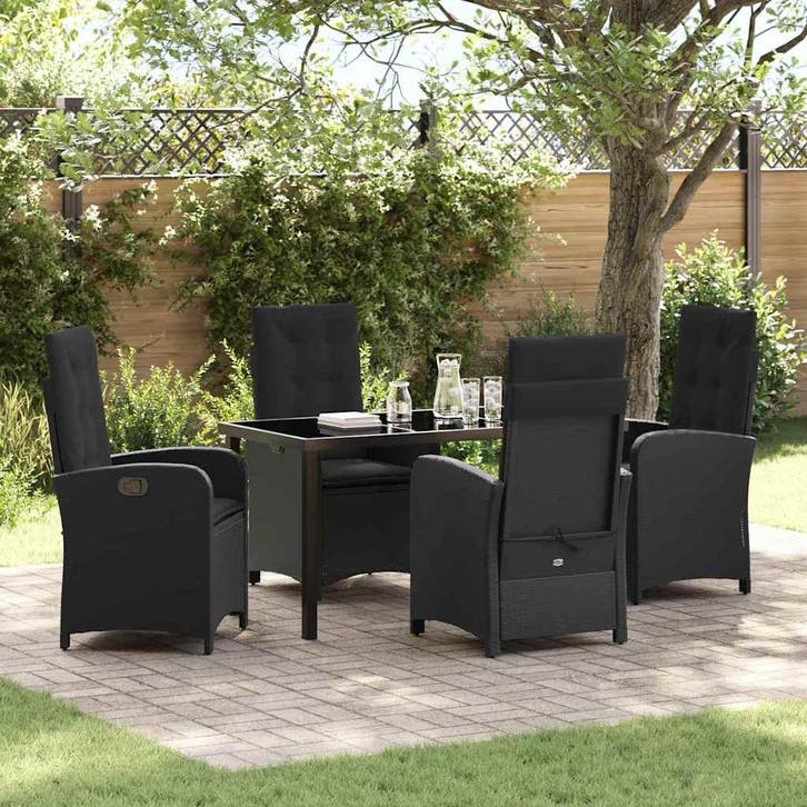 vidaXL Tuin eettafelset met kussen 5 pcs Zwart poly rattan, Tuin en Terras, Tuinsets en Loungesets, Nieuw, 5 zitplaatsen, Rotan