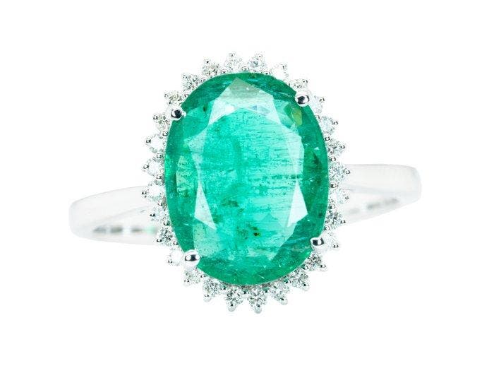 Ring - 14 karaat Witgoud, Intens/Levendig Groen (Zambia) -, Sieraden, Tassen en Uiterlijk, Ringen