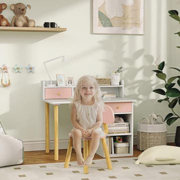 Kinderbureau met Stoel - Roze & Wit Bureau met Lades, Vakken, Verzenden, Nieuw