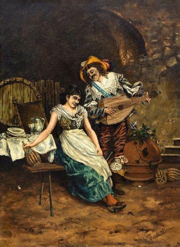 Scuola Siciliana (XIX-XX) - La Serenata in un Cortile