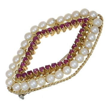 Broche - 18 karaat Geel goud - 8.00ct. tw. Robijn - Parel -