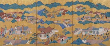 Byôbu  (vouwscherm) - Bladgoud, gelakt hout, zijde - Japan, Antiek en Kunst