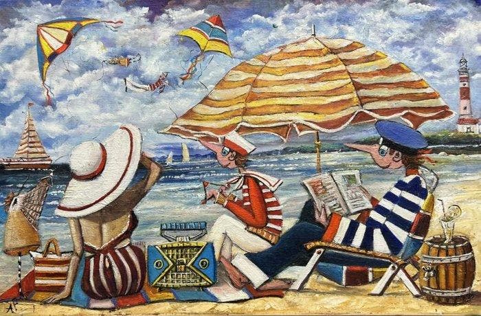 Artur Pachta - Women love the sun and the sea breeze, Antiek en Kunst, Kunst | Schilderijen | Klassiek