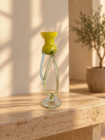 Vaas - Sculpturale glazen vaas – citroengeel en helder glas
