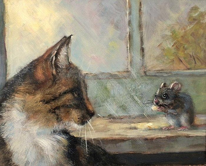 H.M.Bergen (1945) - Kat kijkt liefdevol toe, Antiek en Kunst, Kunst | Schilderijen | Klassiek