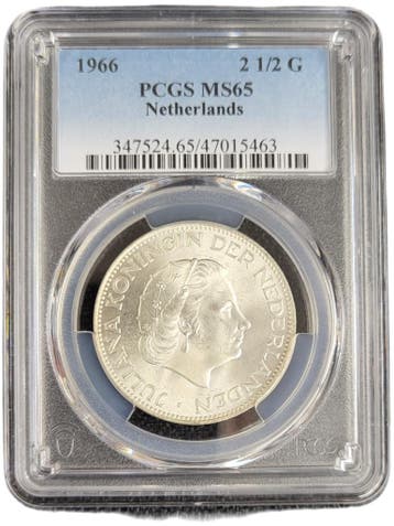 Koningin Juliana zilveren 2 1/2 gulden 1966 MS65 PCGS, Verzenden, Koningin Juliana, Losse munt, Zilver