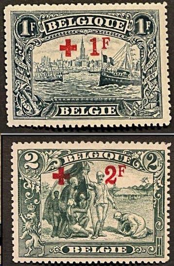 België 1918 - Rode Kruis met rode opdruk : 2 grote waarden, Postzegels en Munten, Postzegels | Europa | België, Gestempeld
