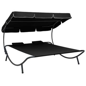 vidaXL Loungebed met luifel en kussens zwart, Tuin en Terras, Verzenden, Nieuw