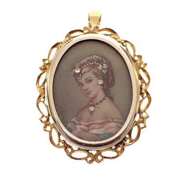 Vintage bicolor gouden hanger/broche met geschilderd port..., Ophalen of Verzenden, Gebruikt, Goud, Overige merken