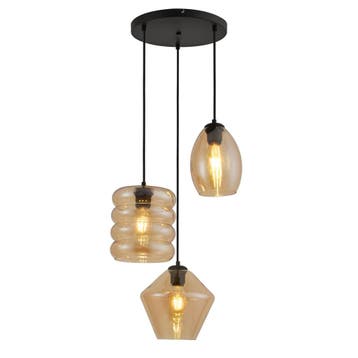 Stijlvolle Hanglamp met 3 Unieke Glazen Kappen – Amber, Verzenden, Nieuw, Glas
