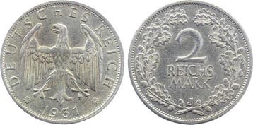 1931 Duitsland 2 Reichsmark 1930 J J 320 vz/st zilver, Verzenden