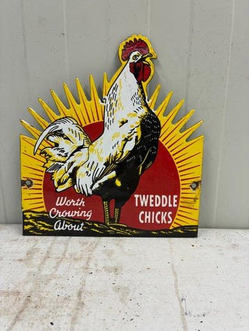 Vintage emaille reclamebord - Tweedle Chicks - haan -