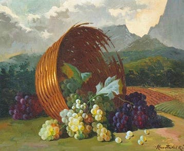 Gregorio Huerta Del Río (XX) - Bodegón de uvas con cesta, Antiek en Kunst