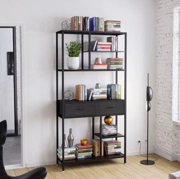 Hoge Industriële Boekenkast met Laden - Walnoot en Zwart, Huis en Inrichting, Kasten | Boekenkasten, Verzenden, Nieuw, 50 tot 100 cm