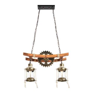 Vintage hanglamp 2 lichts hout metaal E27, Verzenden, Nieuw