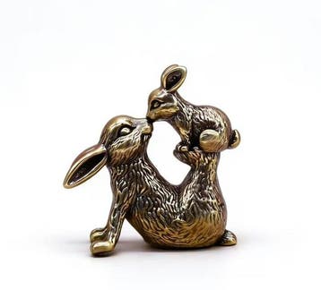 Vintage Brass Rabbit Family Sculpture – Mother Rabbit with