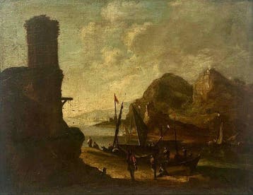 Scuola italiana (XVII-XVIII) - Capriccio costiero con torre,