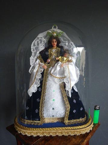 Beeld, Maria en Kind Jezus in Stolp - 44 cm - Glas, diverse