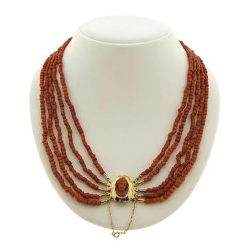 Antiek bloedkoraal kralen collier met gouden slot (Ketting), Gebruikt, Overige kleuren, Ophalen of Verzenden, Met edelsteen