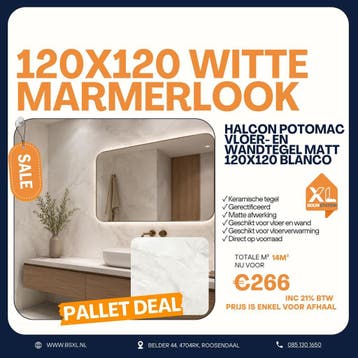 Witte marmerlook mat 120x120 - Palletdeal 14m² €266, Doe-het-zelf en Verbouw, Tegels, 60 cm of meer, Nieuw, Ophalen of Verzenden