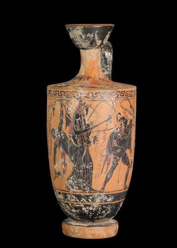 zolder Terracotta Zwartefiguurige lekythos met saters