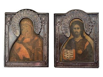 Icoon - Moeder Gods, Christus Pantokrator - Zilver, Textiel