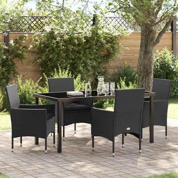 vidaXL Tuin eettafelset met kussen 5 pcs Zwart poly rattan, Verzenden, Nieuw, Rotan, 5 zitplaatsen