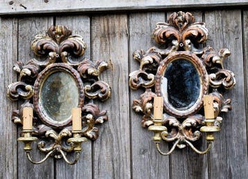 Wandkandelaar (2) - Hout, Messing, Glas - zilveren spiegels