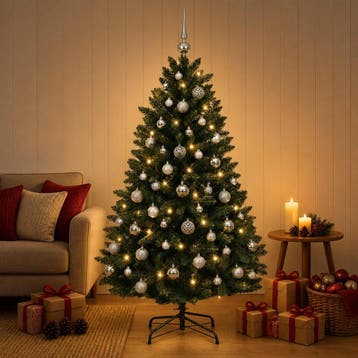 vidaXL Kunstkerstboom donkergroen met kerstballen 150 cm 150, Verzenden, Nieuw