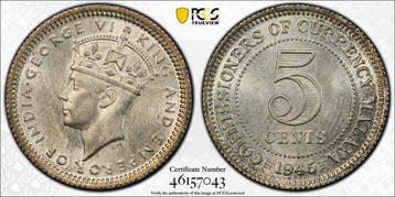 Maleisië, Malaya. George VI. 5 Cents 1945 - PCGS MS65