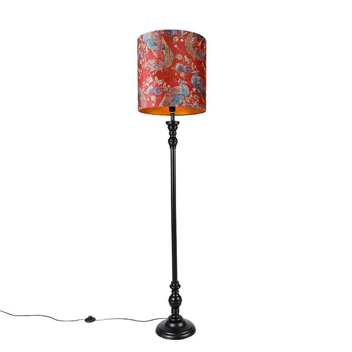 Vloerlamp zwart met kap pauw rood 40 cm - Classico, Huis en Inrichting, Lampen | Vloerlampen, Nieuw, Hout, Verzenden