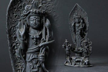 Bronze Sho Kannon (Kwan Yin/Guanyin) Triad with Fudo Myoo