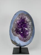 Quality egg shaped polished agate amethyst portal on stand