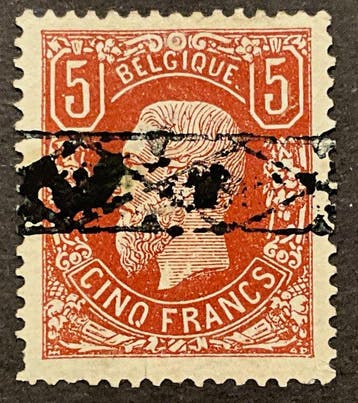 België 1878 - Leopold II - 5fr Bruinrood met roulettestempel, Postzegels en Munten, Postzegels | Europa | België, Gestempeld