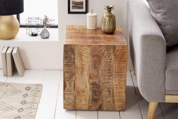 Stevige bijzettafel FACTORY 40cm gevlamd mangohout op wielen, Ophalen of Verzenden, Nieuw