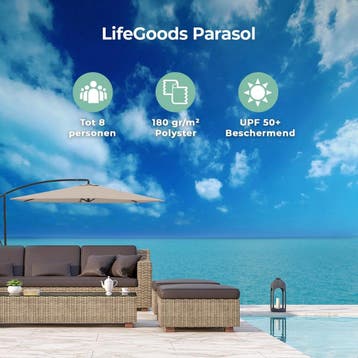 2dekans | LifeGoods Zweefparasol - tot 8 Personen - Ø300cm -, Ophalen of Verzenden, Zo goed als nieuw