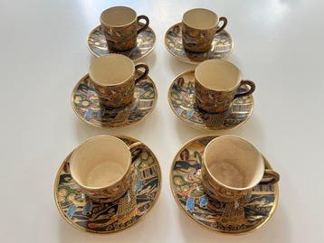 6 vintage Japanse kop en schotels in Satsuma Moriage-stijl -