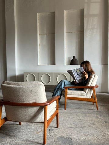Fauteuil (2) - bouclé, Teak