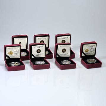 Canada. 25 cents 2011/2014, 7 x Colored Coins, Box & COA