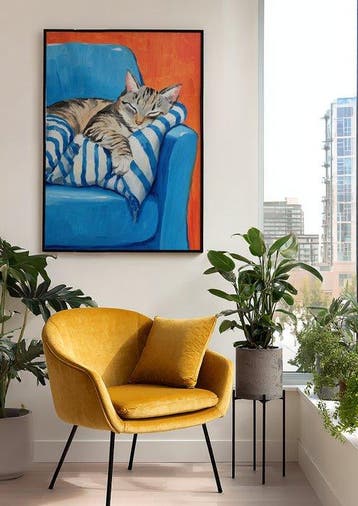 E. García - Gato sobre sofá azul XL, Antiek en Kunst, Kunst | Schilderijen | Modern