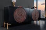 Massief dressoir MANDALA 160cm mangohout zwart gouden poten, Ophalen of Verzenden, Nieuw