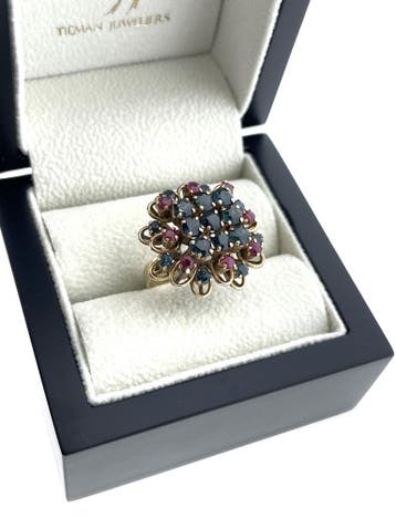 Antiek 14 Karaat Gouden Band Ring Bloem Saffier / Robijn, Ophalen, Met edelsteen, Dame, Goud