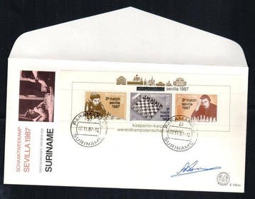 Suriname 1987 - FDC E118xx met handtekening Kasparov, Gestempeld