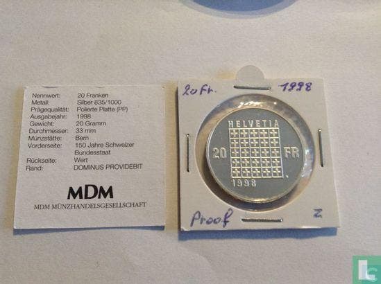 Zwitserland 20 franc 1998 (PROOF) 150 years Swiss federa..., Postzegels en Munten, Munten | Europa | Niet-Euromunten, Losse munt