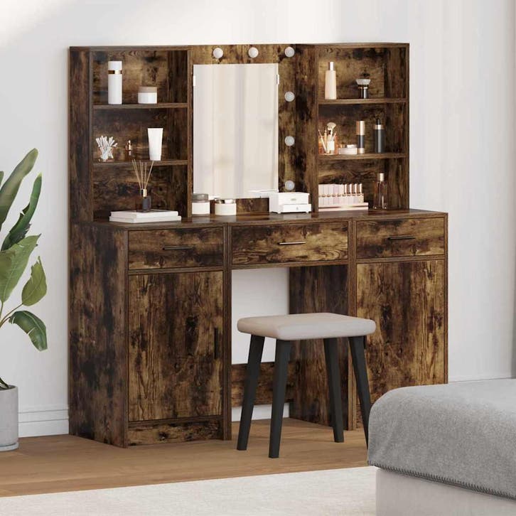 vidaXL Make-up tafel set met LED 3 st Gerookt eiken Bewerkt, Huis en Inrichting, Tafels | Kaptafels, Nieuw, Verzenden